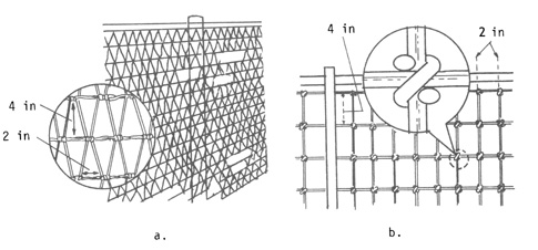 Figure 8. a) Detail of diamond-mesh fence; b)Stiff-stay, square-knot fence design.