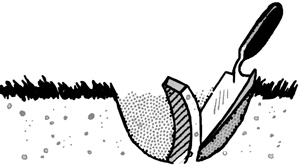 illustration shows a hand trowel in a hole, taking a thin slice of the soil.