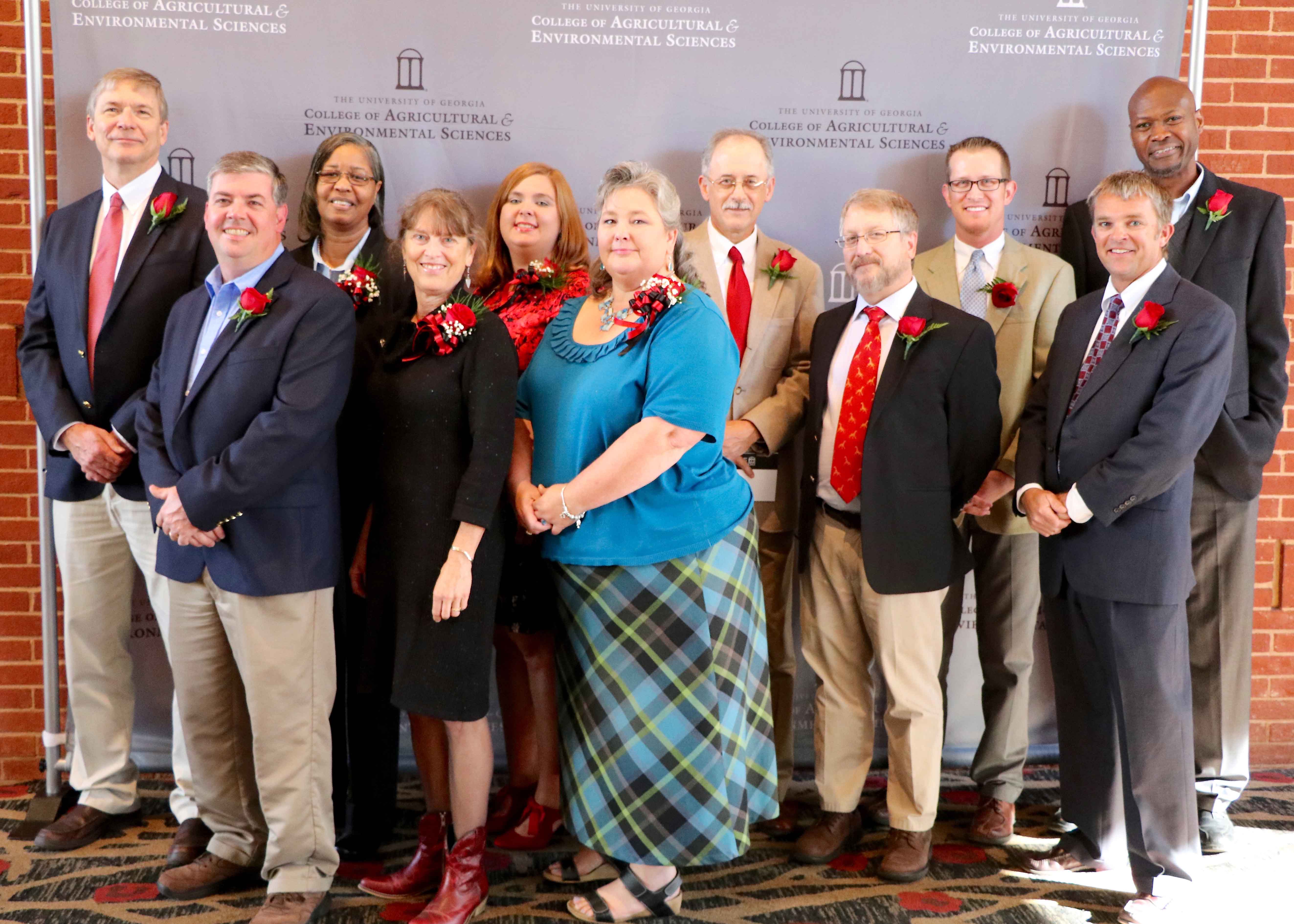 On Nov. 7, 2016 the University of Georgia College of Agriculture and Environmental Sciences honored faculty and staff at the D.W. Brooks Lecture and Awards Ceremony. Those honored included; from left front row; Brian Fairchild, Julia Gaskin, JoAnne Norris, Wayne Parrott, Bill Tyson; and from left back row; Peter LaFayette, Carla Barnett, Lindsey Barner, Tim Brenneman, Nick Fuhrman and Ron Walcott.