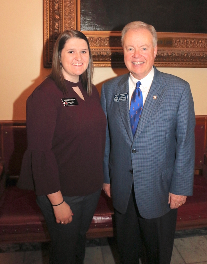 Madison Hickey, a senior majoring in agricultural communication, is serving as a legislative intern with the Senate Agriculture and Consumer Affairs Committee as part of the UGA College of Agricultural and Environmental Sciences' legislative internship program. She will spend 12 weeks working with the committee, which is chaired by Sen. John Wilkinson.