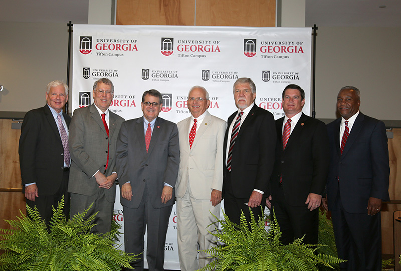 A group photo of the speakers at the UGA-Tifton centennial celebration included, from left: USDA National Institute of Food and Agriculture Director Scott Angle, UGA CAES Dean Sam Pardue, UGA President Jere Morehead, Georgia Agriculture Commissioner Gary Black, UGA-Tifton Assistant Dean Joe West, Congressman Austin Scott (GA-08) and USDA Southeast Area Director Archie Tucker.
