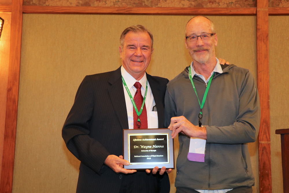 Jim McFerson, director of Washington State University’s Tree Fruit Research and Extension Center, presents famed USDA turfgrass breeder Wayne Hanna, UGA professor of crop and soil sciences, with the National Association of Plant Breeders (NAPB) Lifetime Achievement Award at the NAPB's annual meeting in Pine Mountain, Georgia.