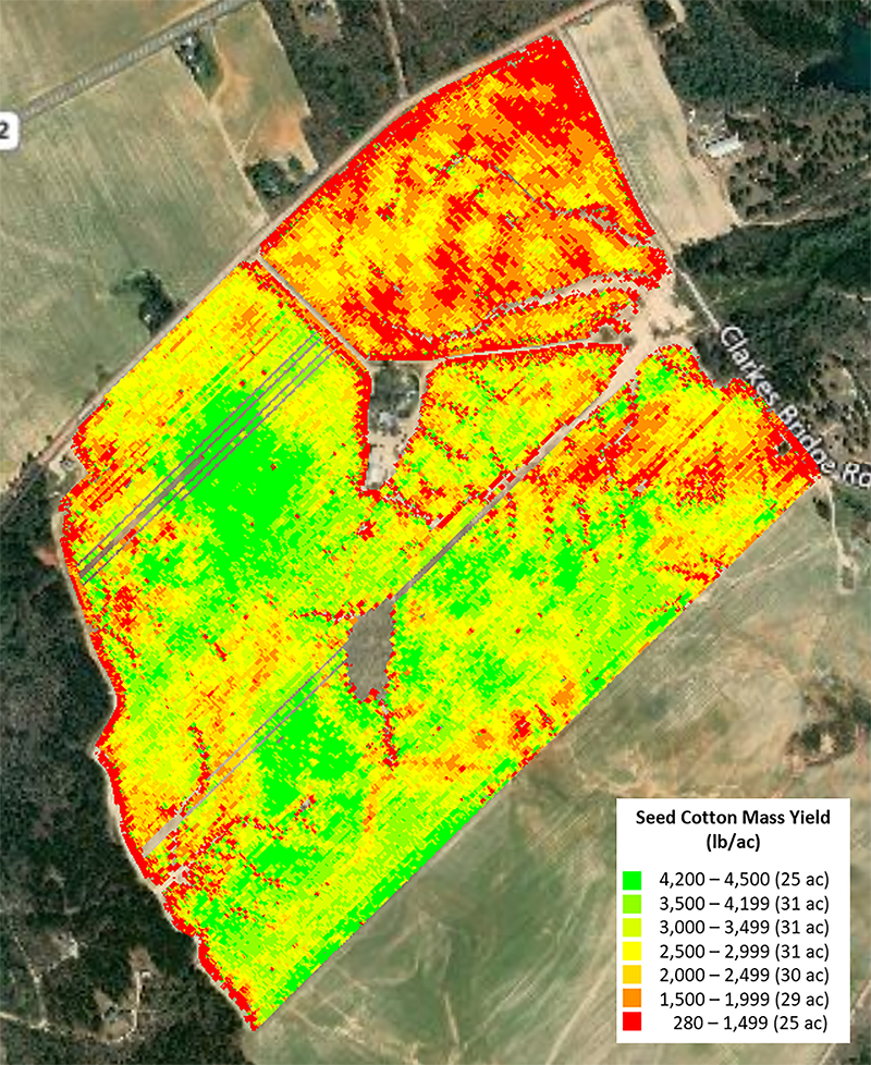 This yield map shows a field with cotton with different amounts of yields produced.
