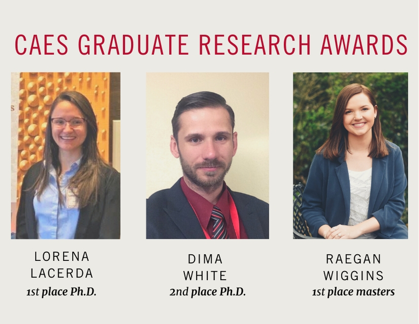 Three graduate students in the University of Georgia College of Agricultural and Environmental Sciences (CAES) were recently honored with an E. Broadus Browne Award for Outstanding Graduate Research — Lorena Lacerda, Dima White and Raegan Wiggins.