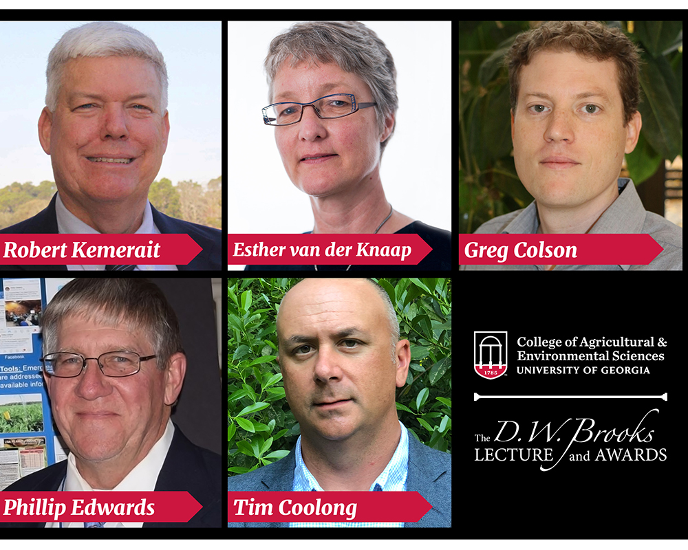 The winners of the 2020 D.W. Brooks Faculty Awards for Excellence are Bob Kemerait, Esther van der Knaap, Gregory Colson, Phillip Edwards and Tim Coolong.