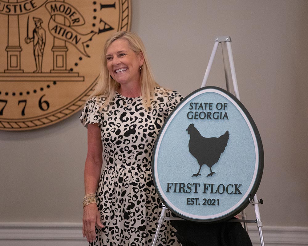 Georgia First Lady and UGA graduate Marty Kemp's support for Georgia 4-H and Georgia FFA led to the establishment of a First Flock of laying hens at the Governor's Mansion in Atlanta.