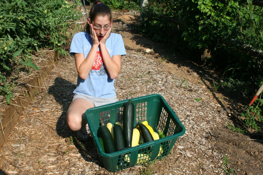 University of Georgia horticulture assistant Makenzie English seems overwhelmed by the proliferation of zucchini and summer squash from the summer garden.