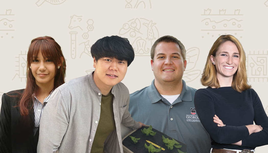 Four graduate students in the University of Georgia College of Agricultural and Environmental Sciences (CAES) have been honored with an E. Broadus Browne Award for Outstanding Graduate Research. From left to right: Keila Acevedo Villanueva, Changhyeon Kim, Matthew Holton, Grace Ingham.