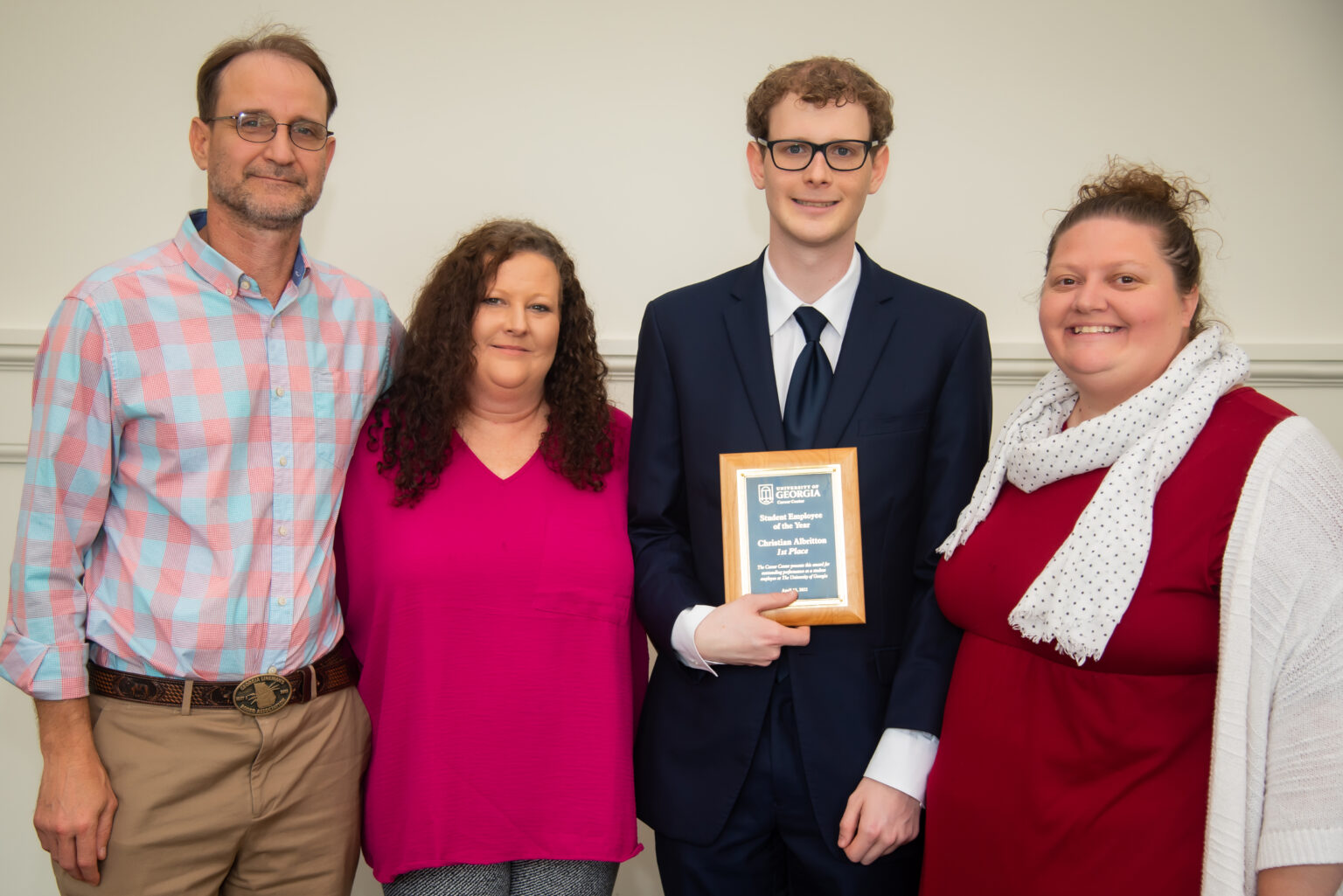 Shown, from left, are parents Chad and Tabby Albritton, UGA Student Employee of the Year Christian Albritton, and nominator UGA Extension 4-H Specialist Kasey Bozeman. (Photo by Justin Evans)