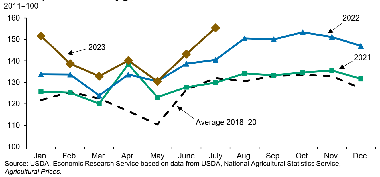 Monthly producer price indicies for fresh fruits and nuts in 2021, 2022, and 2023 with the 2018–2020 average for comparison. PPIs typically were higher in 2021 than the 2018-20 average, higher again in 2022 and higher still in 2023, fluctuating between a low of about 130 to a high around 155 compared to the baseline year of 2011 (100).