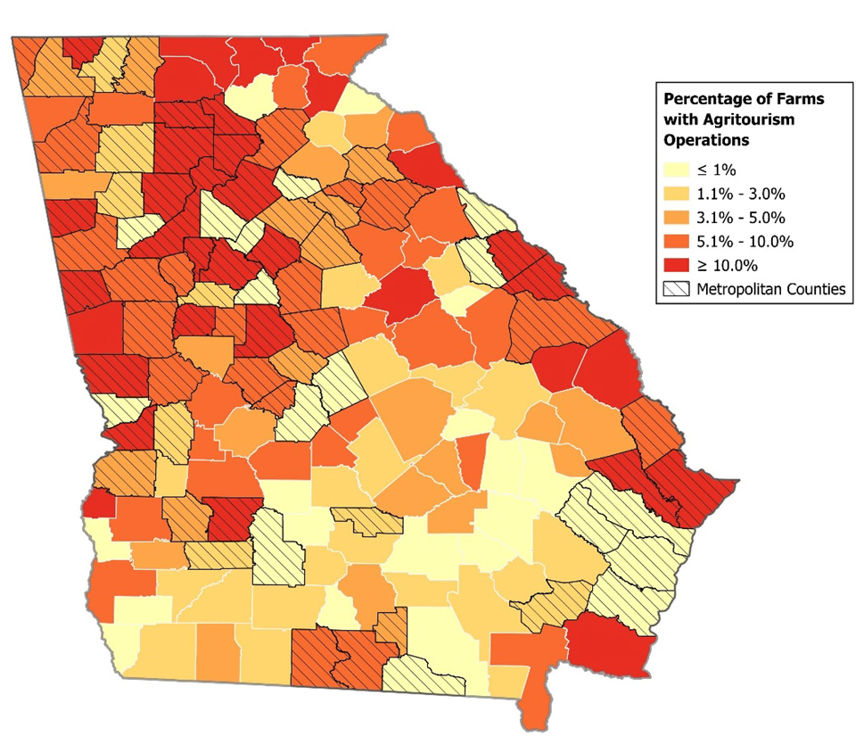 A map of Georgia indicating counties that are considered urban v. rural and the percentage of farms in each that have agritourism operations, between less than 1% for counties primarily in the south and southeast to 10% or more, primarily counties in the north, along the coast, and surrounding the Atlanta region.
