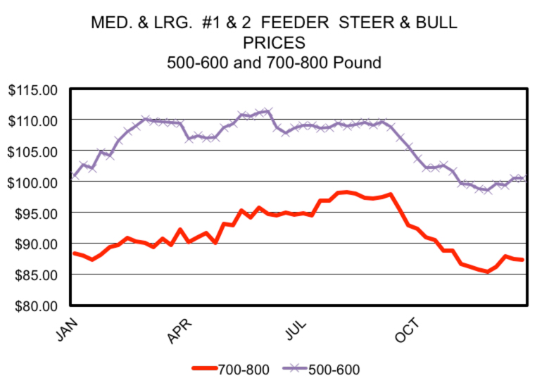 Seasonal prices of feeder steers and bulls in Georgia auction markets. 500-600 pound cattle peak around $110 in spring and summer. 700-800 pound cattle peak in summer to fall around$97.