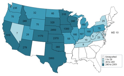 Cattle on feed in yards with more than 1,000 head by U.S. state. Southeast and northeast states are mostly unreported. States in the center of the country mostly have 240 to 2951 (dark blue). States in the northwest mostly have 26 to 240 (medium blue).