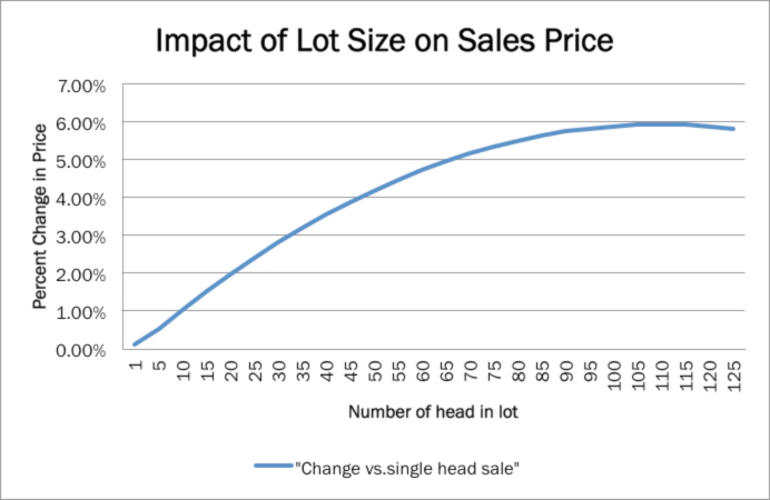 Effect of lot size on sales price. It increases steadily and plateaus around 100 head in the lot at about 6% change in price.