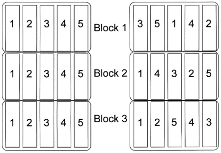 Block sample plots that are not randomized and blocks that are randomized.