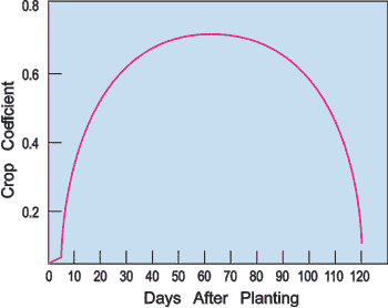 Pan evaporation coefficient by days after planting. The coefficient forms a dome shaped function, peaking around 60 days after planting and being around zero at 0 and 120 days after planting