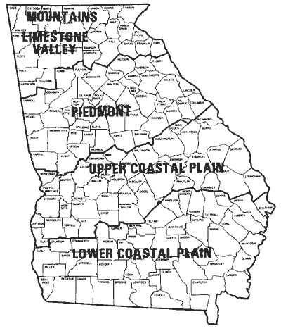 Planting regions of Georgia: mountains and limestone valley, Piedmont, upper coastal plain, and lower coastal plain