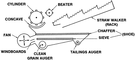 Diagram of combine parts: cylinder, beater, concave, fan, windboards, clean grain auger, tailings auger, straw walker (rack), chaffer, sieve, and shoe