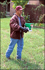 Person using a hand spreader in a yard