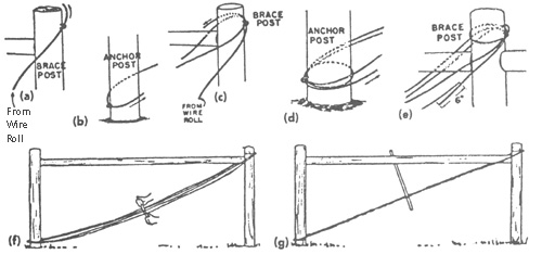 Diagram showing how to thread 9-gauge smooth wire on the brace and anchor posts for a diagonal brace.