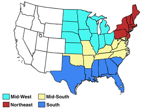 Map of U.S. with Mid-West, Northeast, Mid-South, and South regions colored.