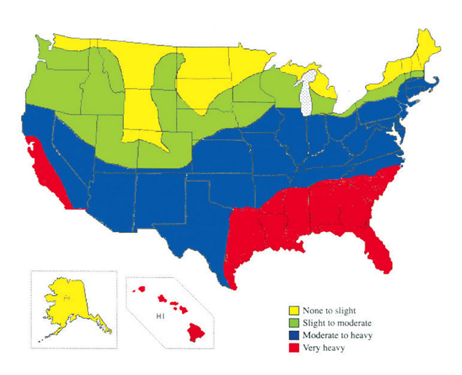 map of the US with colored sections showing prevalence of subterranean termites - none to slight, slight to moderate, moderate to heavy, and very heavy. More northern areas have generally lass termite prevalence.