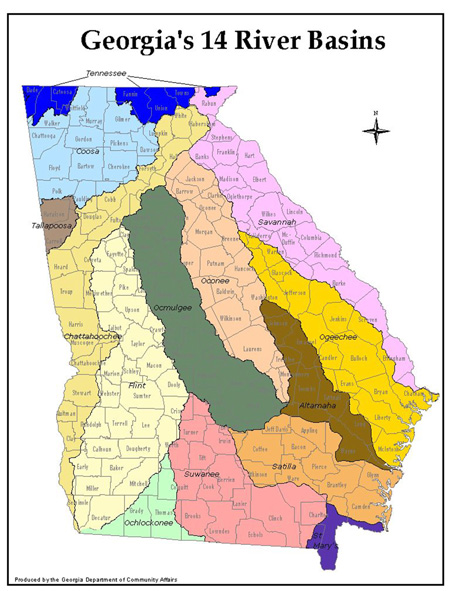 Figure 
 5. Watersheds of Georgia. Top: The 14 sub-regional watersheds; bottom: the 
 52 major watersheds of Georgia. As the map shows, watersheds can cross state, 
 county and city boundaries. <em>Maps from Georgia Department of Community 
 Affairs.</em>