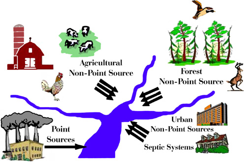 Diagram of watershed showing sources of pollution from agriculture, septic systems, urban areas, forests, and industry.