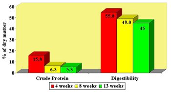 crude protein and digestibility of hay at 4, 8, and 13 weeks. Crude protein decreases sharply between 4 and 8 weeks and continues to decrease at 13 weeks. Digestibility decreases at a roughly consistent rate with older grass