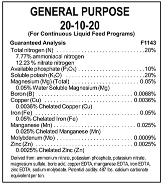 Fertilizer label for continuous liquid feed program