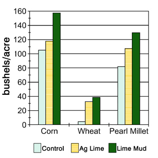 Graph of corn, wheat, and pearl millet crop yields in bushels/acre with ag lime and lime mud. For all three crops, ag lime produces higher crop yields than the control, and lime mud has higher yields than ag lime.