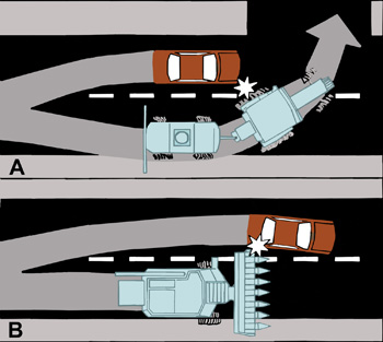 Diagram showing how changing lanes when driving with farm equipment can lead to collisions.