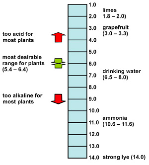 pH scale with several exemplar ranges labeled: limes (1.8-2.0), grapefruit (3.0-3.3), drinking water (6.5-8.0), ammonia (10.6-11.6), and strong lye (14.0). The most desirable range for plants is 5.4-6.4, and around 4.0 or lower is too acid for most plants and around 8.5 or higher is too alkaline for most plants.