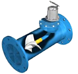 illustration of a water meter on a pipe with a cut out showing the propeller inside