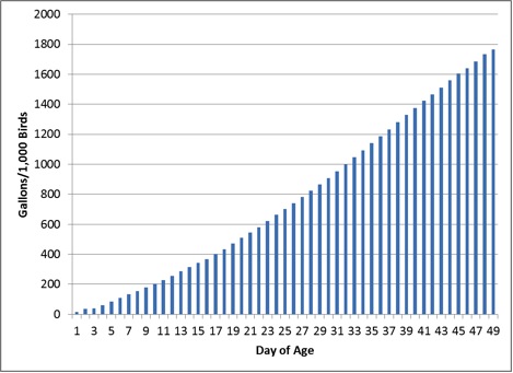 Water consumption in gallons/1,000 birds by day of age. Water consumption increases about linearly over time.