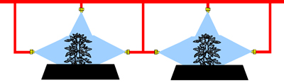 Drawing demonstrating three nozzles spraying small plants