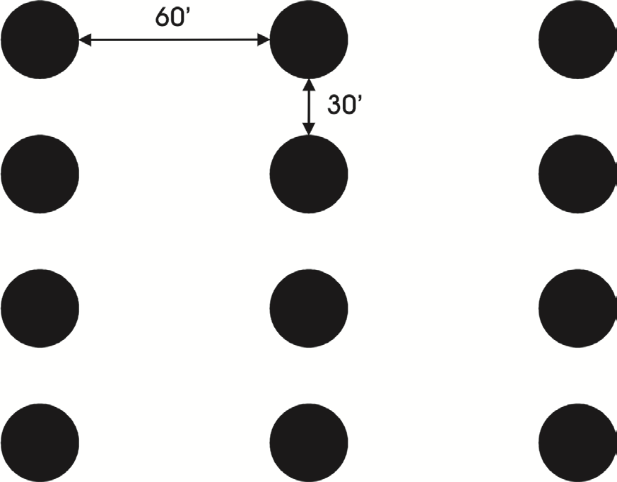 Rectangle pattern orchard with rows 60' apart and trees 30' apart within a row.