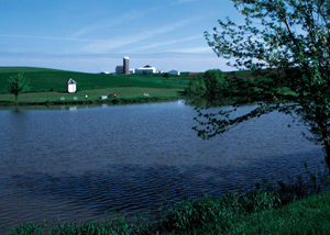 Lake with part of a city skyline in the background