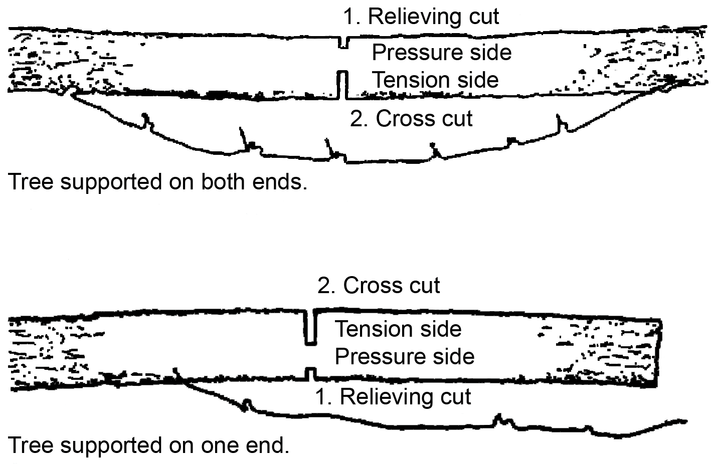 Diagram showing cuts to avoid pinching saw when bucking trees. If tree is supported on both ends, first cut a relieving cut on top of the log then cross cut from the bottom. If tree is supported on one end, make the relieving cut on the bottom and cross cut on top. The relieving cut goes on the log's pressure side and the cross cut goes on the tension side.