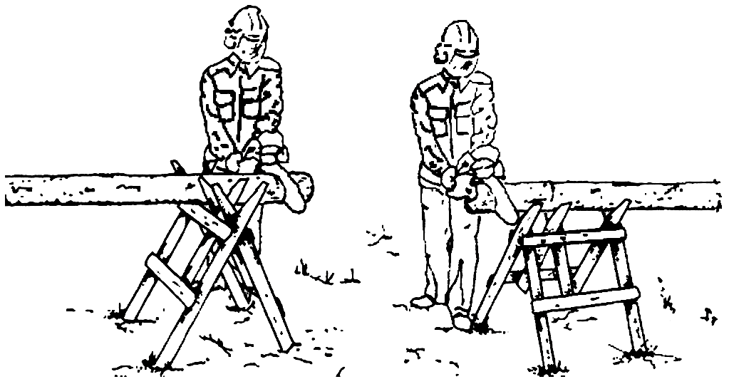 Wood on sawhorses with two people cutting the wood with chainsaws