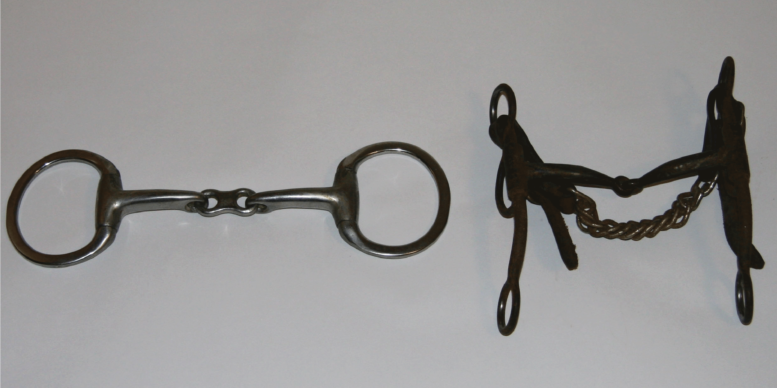 Examples of a commonly seen snaffle bit (left) and curb bit (right).