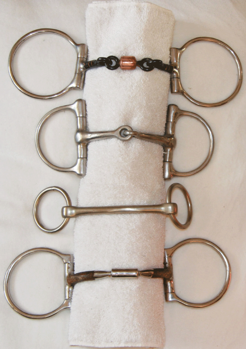 Examples of different snaffle bit mouthpieces.