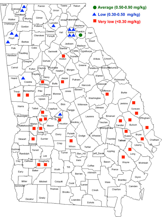 Map of Georgia with counties outlined. Many counties have dots showing Se level found in the soil in a survey. Franklin County has average Se content. Several northern Georgia counties have low Se content. Several counties in southern Georgia have very low Se content.