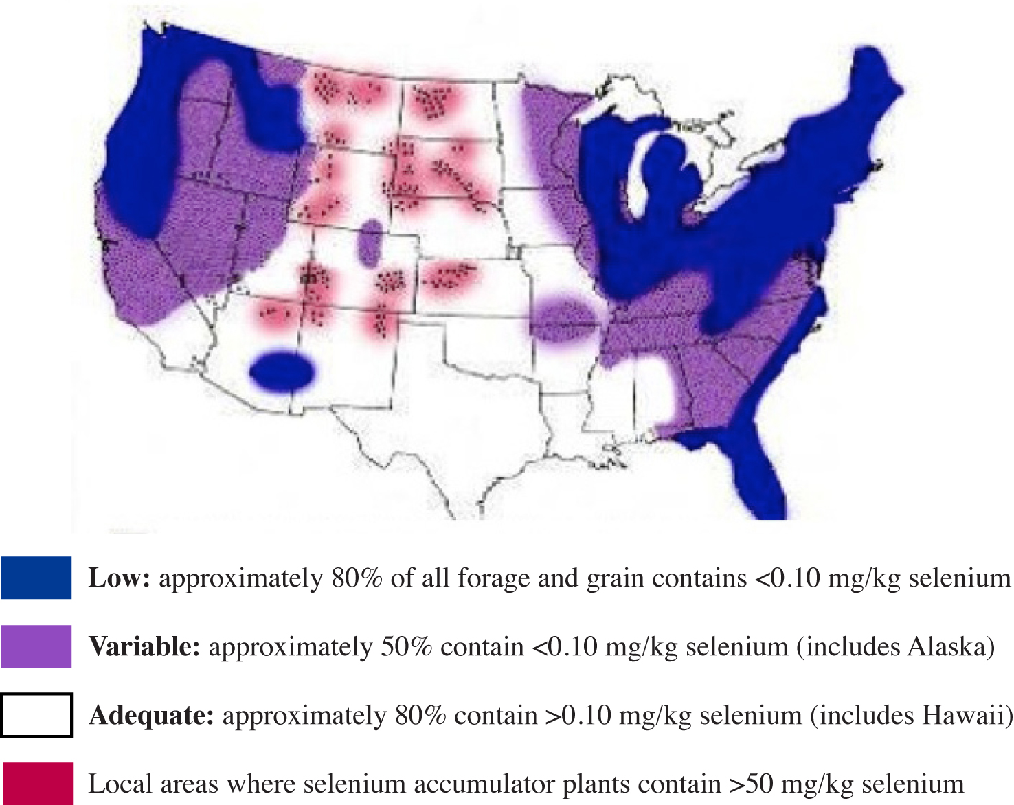 Map of the US showing forage Se content. The northwest, northeast, and Florida and coastal southeast have low Se content. Around those areas, including all of Georgia, and Alaska have variable Se content. The middle of the contiguous U.S. and Hawaii have adequate Se content, and several spots in the north middle part of the contiguous U.S. have higher Se accumulation.