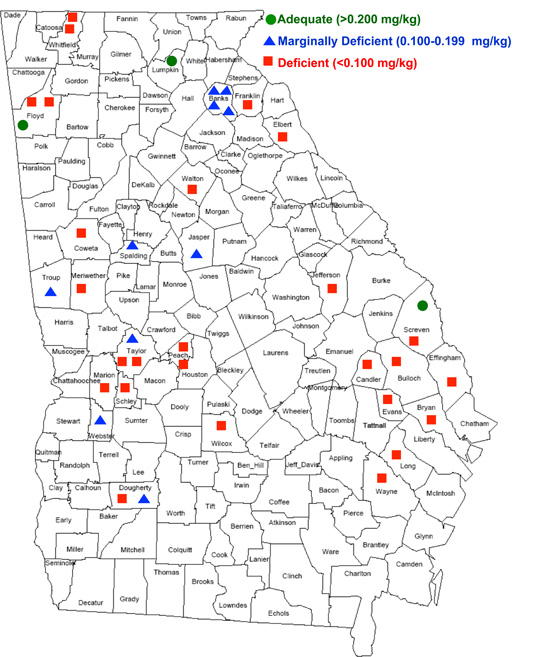 Map of Georgia with counties outlined showing forage Se levels. A few areas throughout the state have adequate Se, slightly more scattered areas have marginally deficient Se, and more scattered areas have deficient Se.
