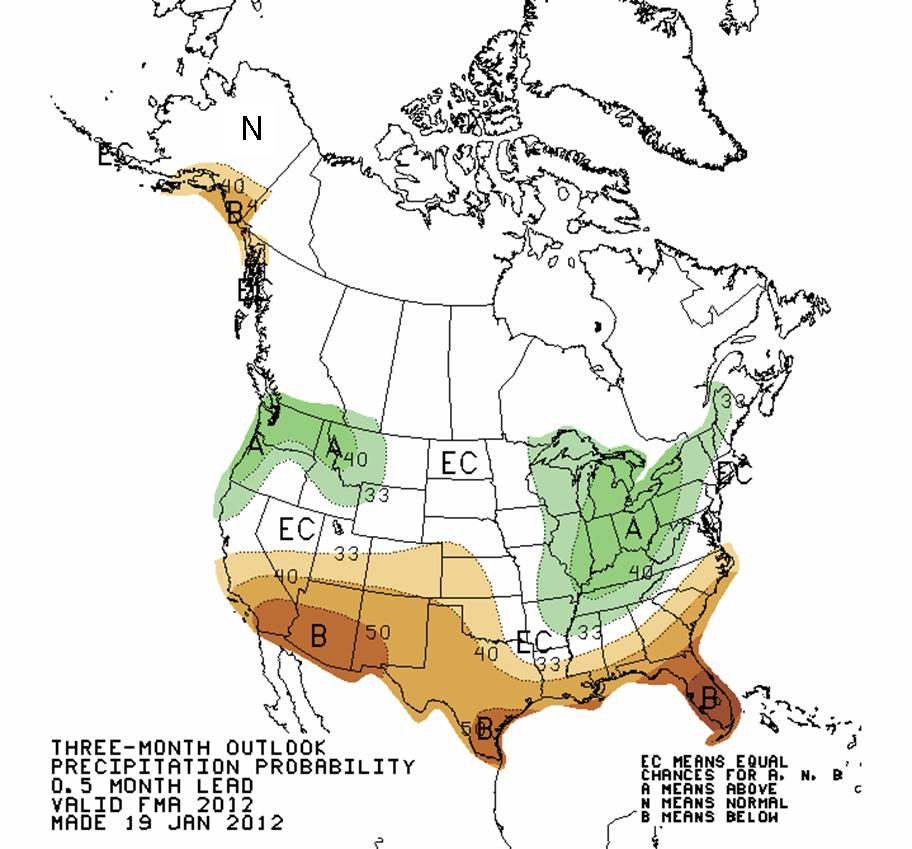 Map of the U.S. and Canada showing three-month precipitation forecast