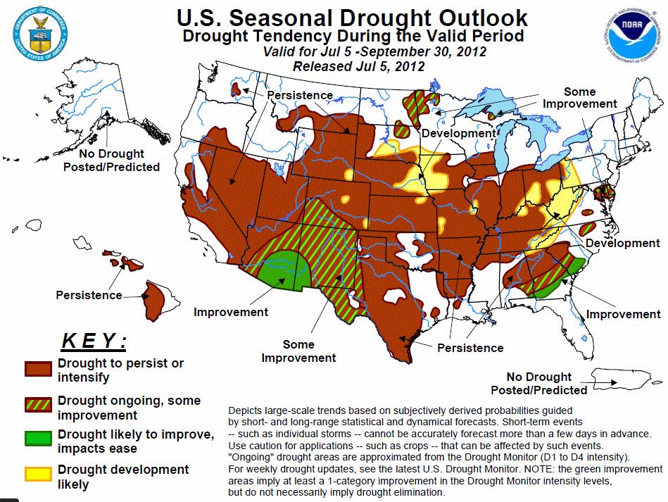 NOAA U.S. seasonal drought outlook map for July-September 2012 showing areas where drought is likely to continue, develop, or improve