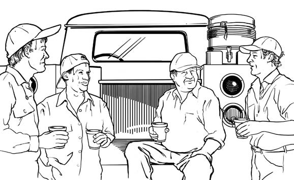 line drawing of four workers standing around a truck chatting