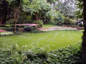 Landscape with trees, flower beds, and grass