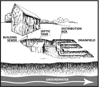 Septic system diagram. Building sewer line leads to septic tank which connects to distribution box and drainfield.